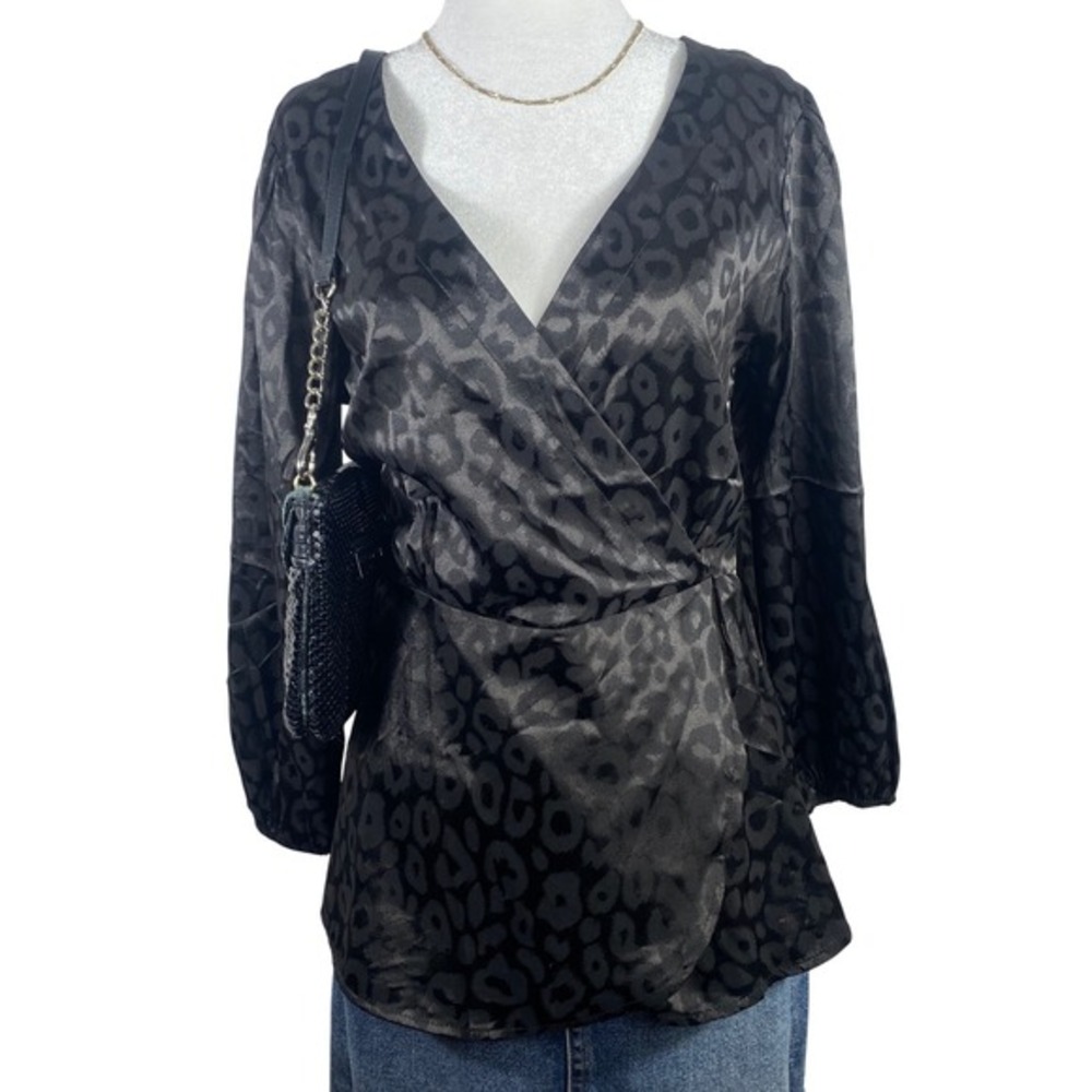 Y2K Jon & Anna Satin Leopard Wrap Blouse Women's Small Black‎ Long Sleeve Top